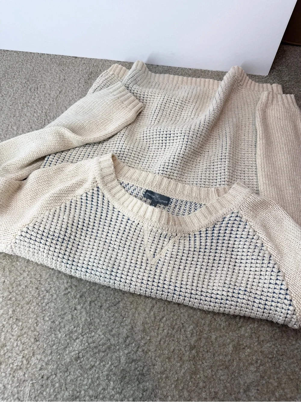 Market & Spruce Medium Cream Raglan Sleeve Textured Knit Sweater Ribbed Trim M
